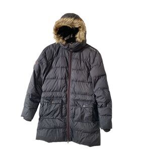 Fouganza Dark Grey “Black Panther” Fur Trim Hood Long Puffer Winter Coat